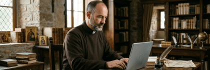Priest in brown robe typing on laptop at wooden desk in stone library room