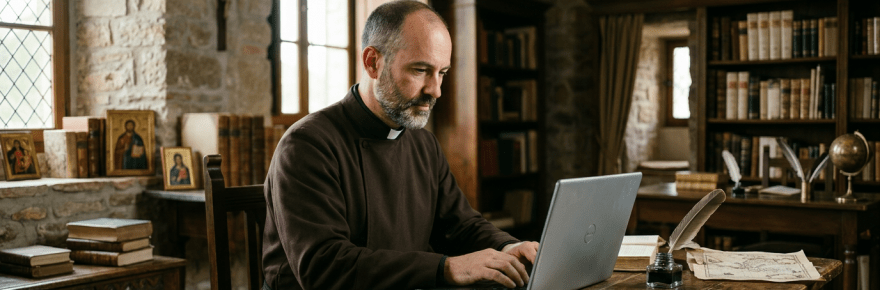 Priest in brown robe typing on laptop at wooden desk in stone library room