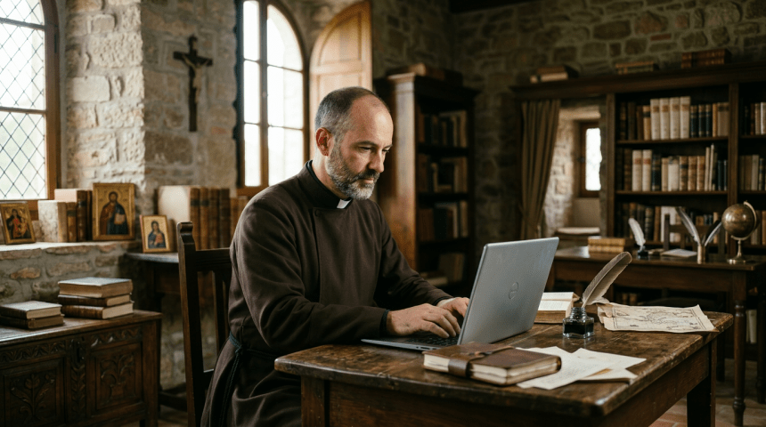 Priest in brown robe typing on laptop at wooden desk in stone library room